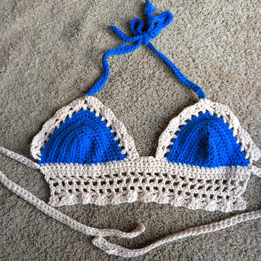 Blue and Beige Handmade Crochet Halter Top